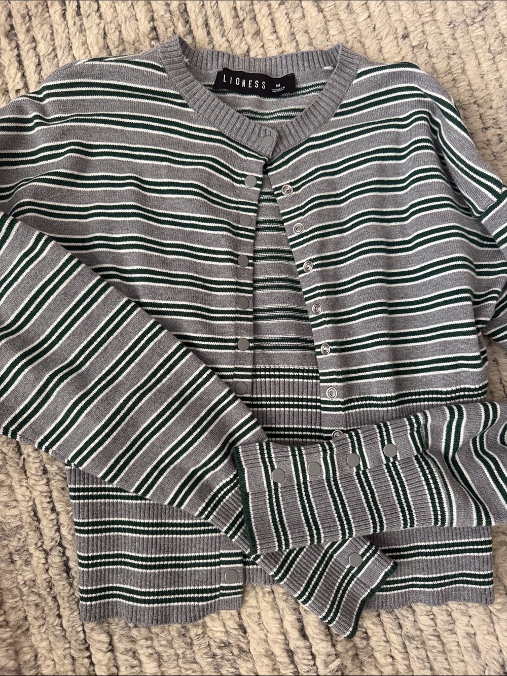 Lioness Gray, Green & White Striped Kids Cardigan - Picture 2 of 3
